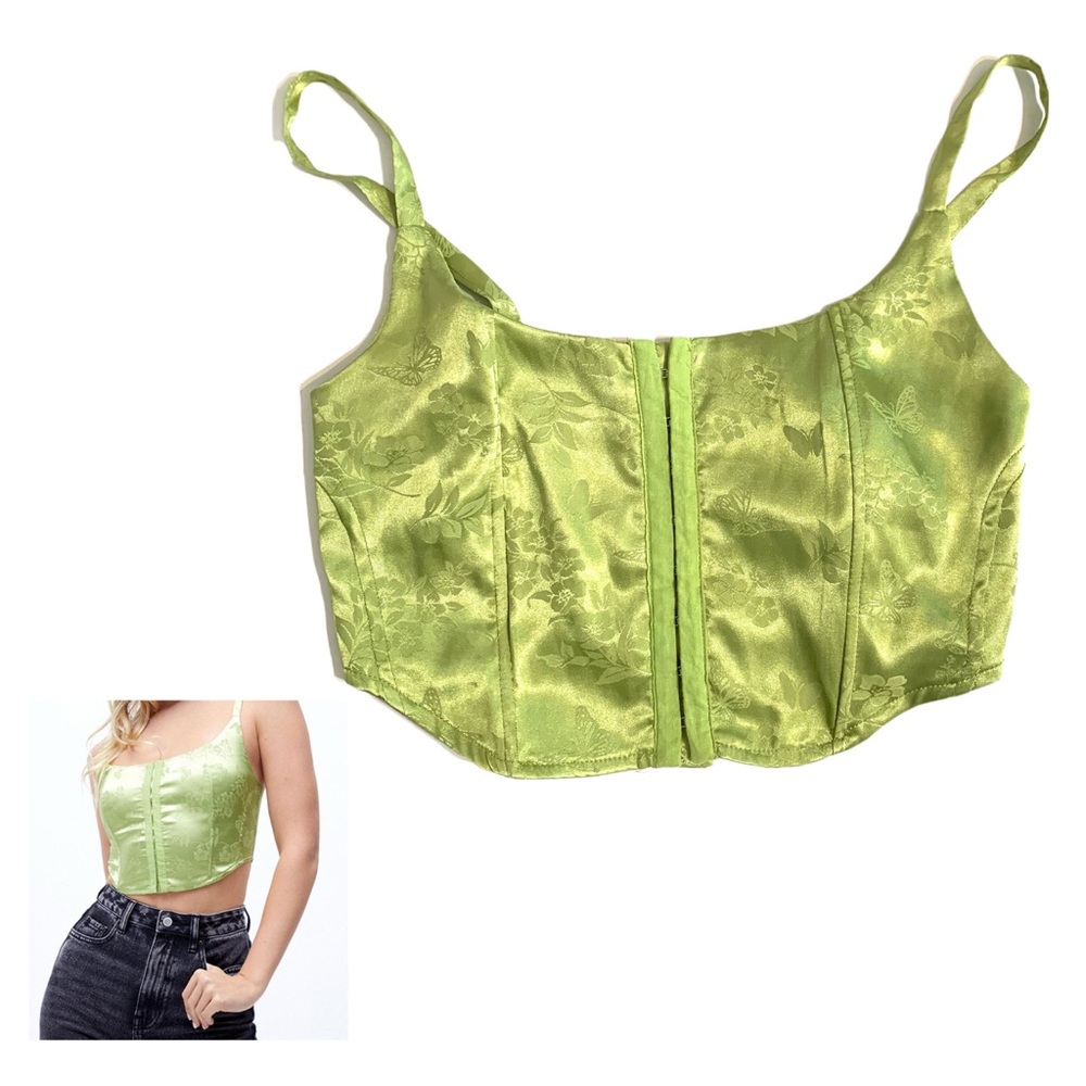 Regency PacSun Green Satin Corset Cropped Top Size XS Fairygoth Butterfly